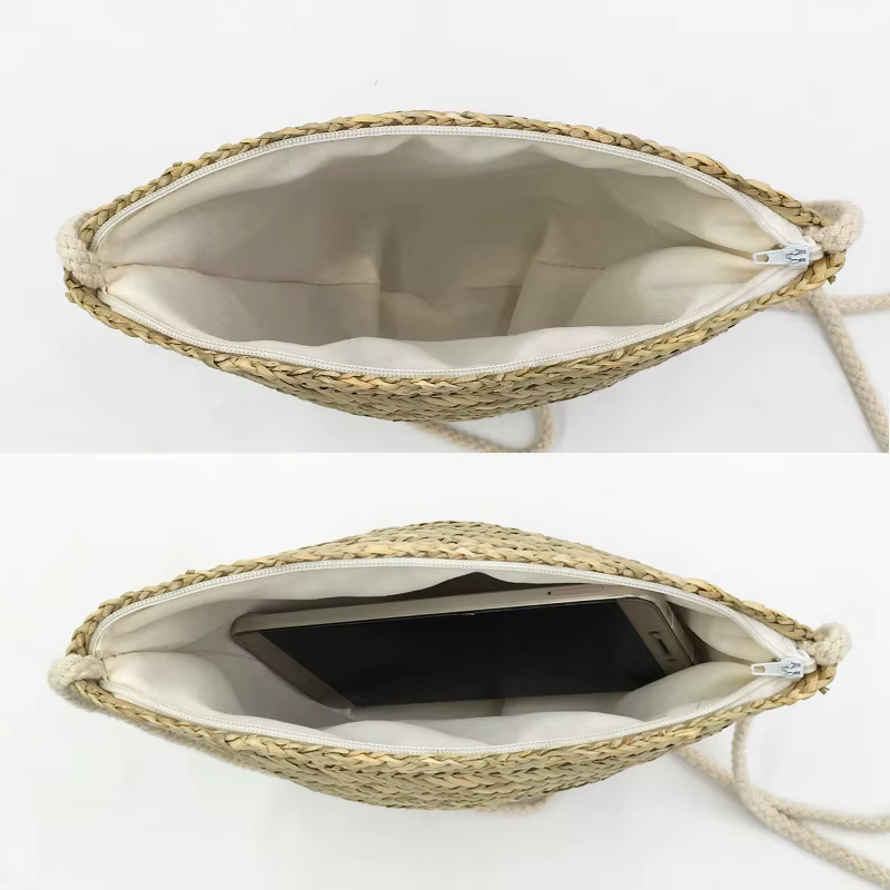 Sac à main en paille naturelle pour femmes, sacoche de plage tissée bohème d'été, sacs à bandoulière en rotin tricoté, petit sac à coque