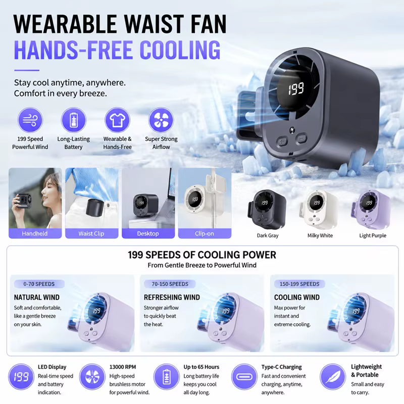 Mini ventilateur portable à pince avec 199 réglages de vitesse