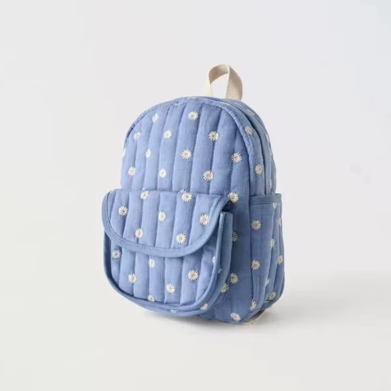 Sac à dos d'étudiant bleu marguerite de dessin animé, sac d'école brodé mignon, sac à dos décontracté unisexe tendance pour les voyages en plein air