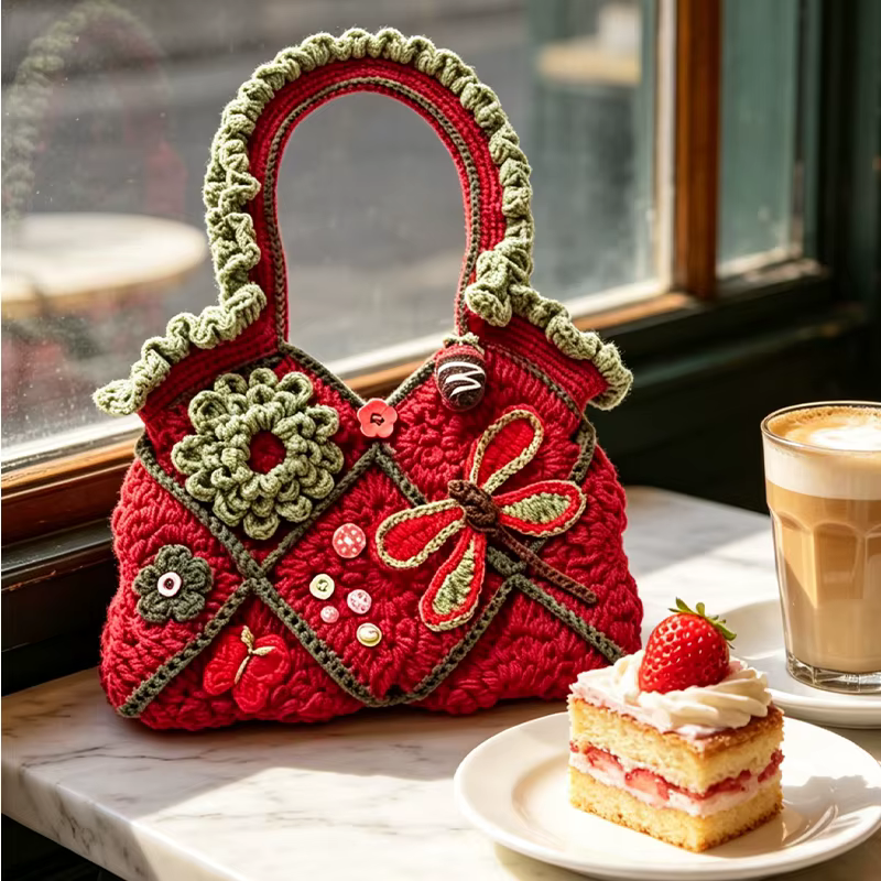 Kit de crochet pour sac à main en fil de laine à motif floral libellule rouge et vert rétro, fait main, DIY, avec tutoriel vidéo