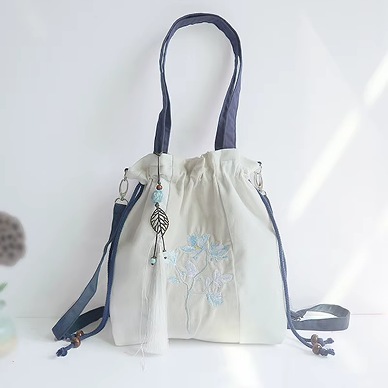 Sac à main Hanfu de Style chinois, sac à bandoulière littéraire Vintage avec broderie de fleurs, sacoche de Style ancien, sac à cordon