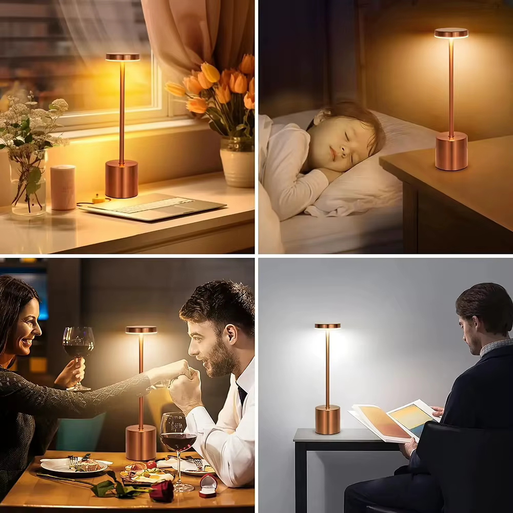 Lampe de bureau en métal LED, contrôle tactile 3 couleurs, luminosité réglable, rechargeable par USB, portable, décoration de chambre à coucher, salon, bar