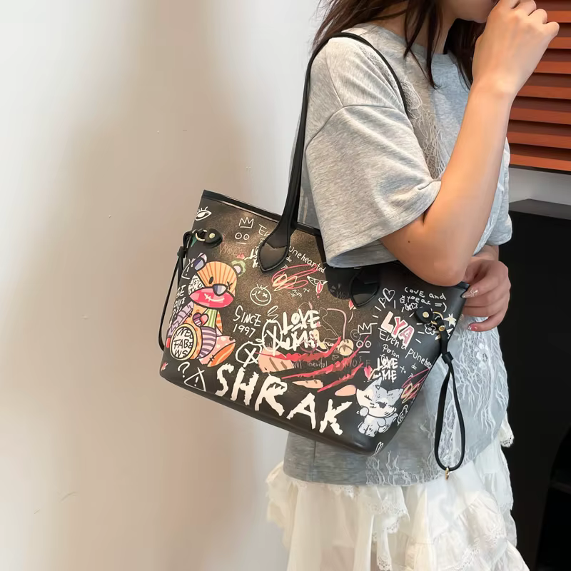 Sac fourre-tout Bear Doodle pour femme – Imprimé graffiti, grande capacité, sac à main polyvalent à bandoulière