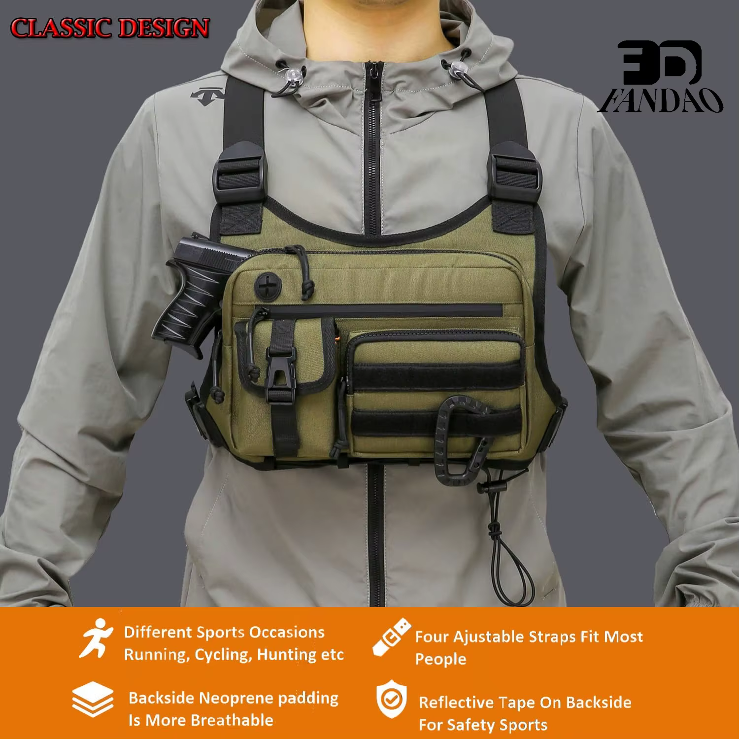 Sac de poitrine pour hommes et femmes, sac de poitrine pour course à pied, randonnée, gilet EDC, étanche, antivol, plate-forme pour sports de plein air et entraînements