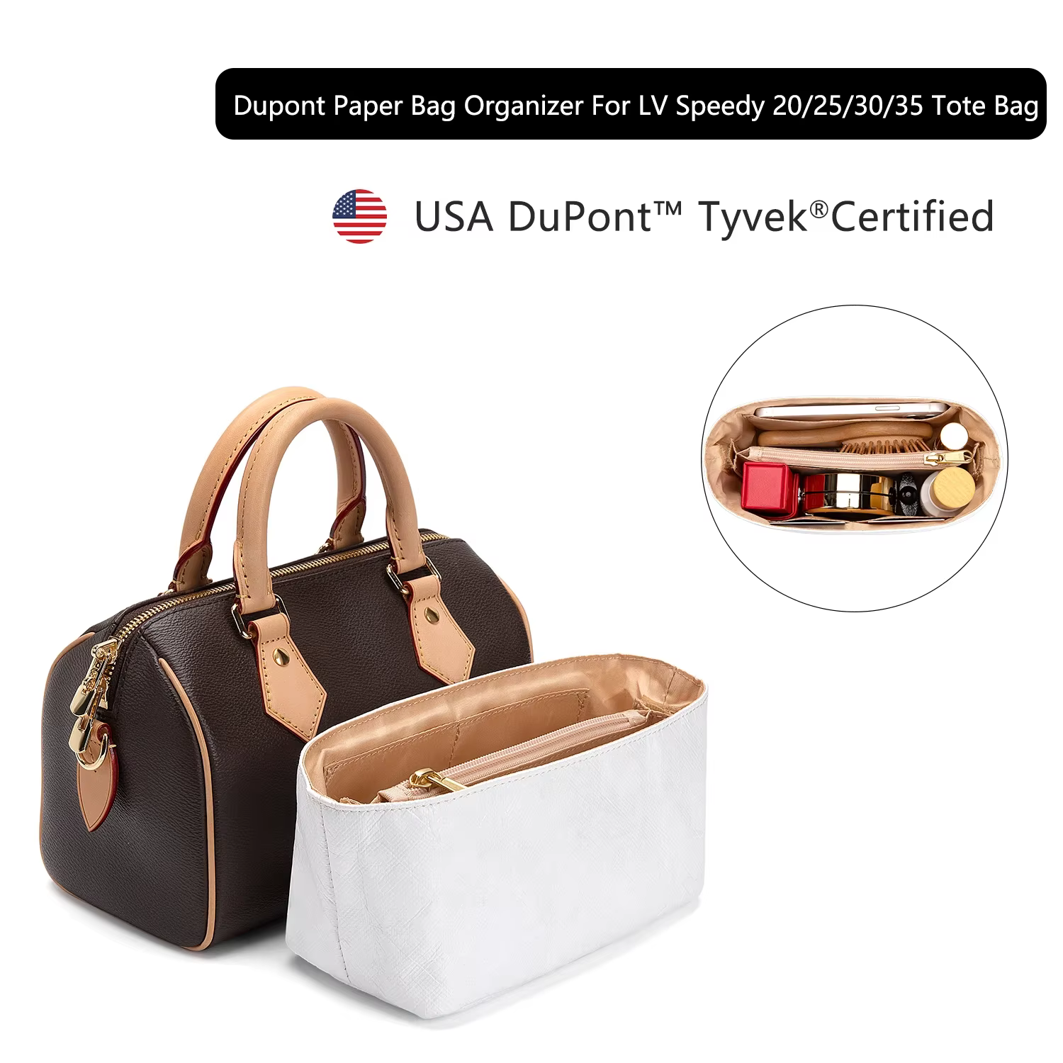 CRAZYSMITH Dupont papier insérer sac organisateur pour LV Speedy 20 25 30 35 sac à main sac intérieur Shaper stockage Portable sacs à cosmétiques