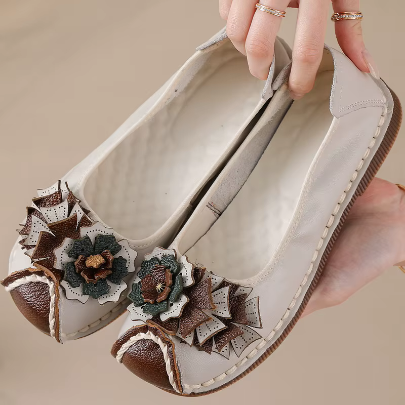 Mocassins Ballerines Vintage Ornés à Motifs Floraux pour Femme, Faits Main en Cuir Véritable, Chaussures de Conduite Exquises à Enfiler, Ballerines Artisanales pour Femme