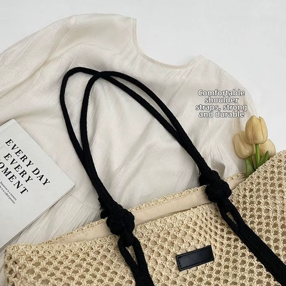 Sacs en paille tressés faits à la main, grande capacité, fermeture éclair, sacs de plage, sacs à main à poignée supérieure, couleur unie, sacs à bandoulière pour femmes