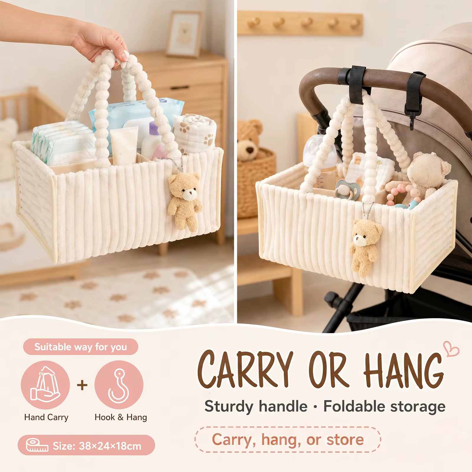 Organisateur de couches pour bébé en velours côtelé, panier de rangement pour couches avec poignée, pliable, multi-poches, organisateur de couches pour nouveau-né