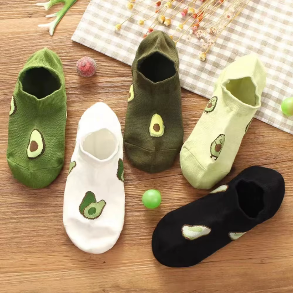 5 paires de chaussettes d'équipage d'avocat, dessin animé, mode fraîche, respirantes, confort Kawaii, chaussettes bateau coupe basse pour femmes, été et automne