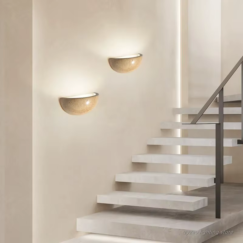 Rétro Semi circulaire pierre naturelle Art applique jaune travertin LED