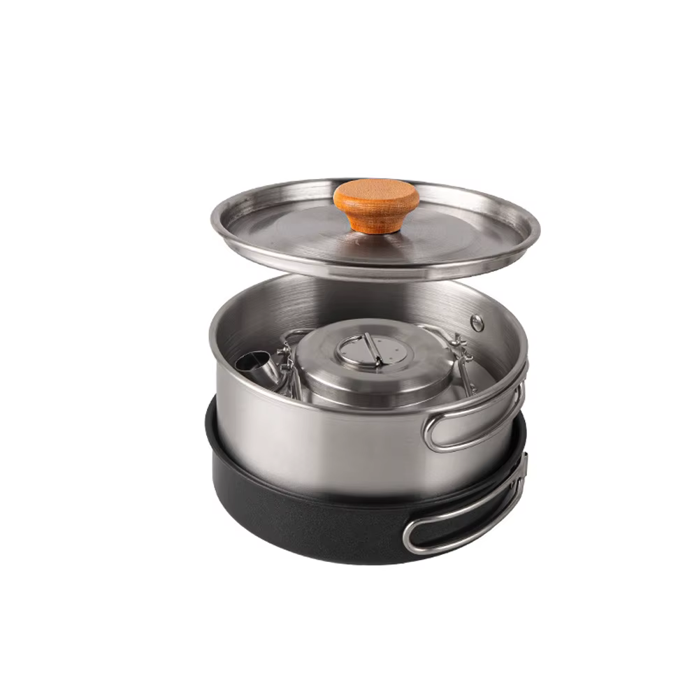 Ensemble d'ustensiles de cuisine de camping, kit de batterie de cuisine de pique-nique en plein air, marmite en acier inoxydable, poêle à frire, ensemble de bouilloire, accessoire de cuisine de voyage