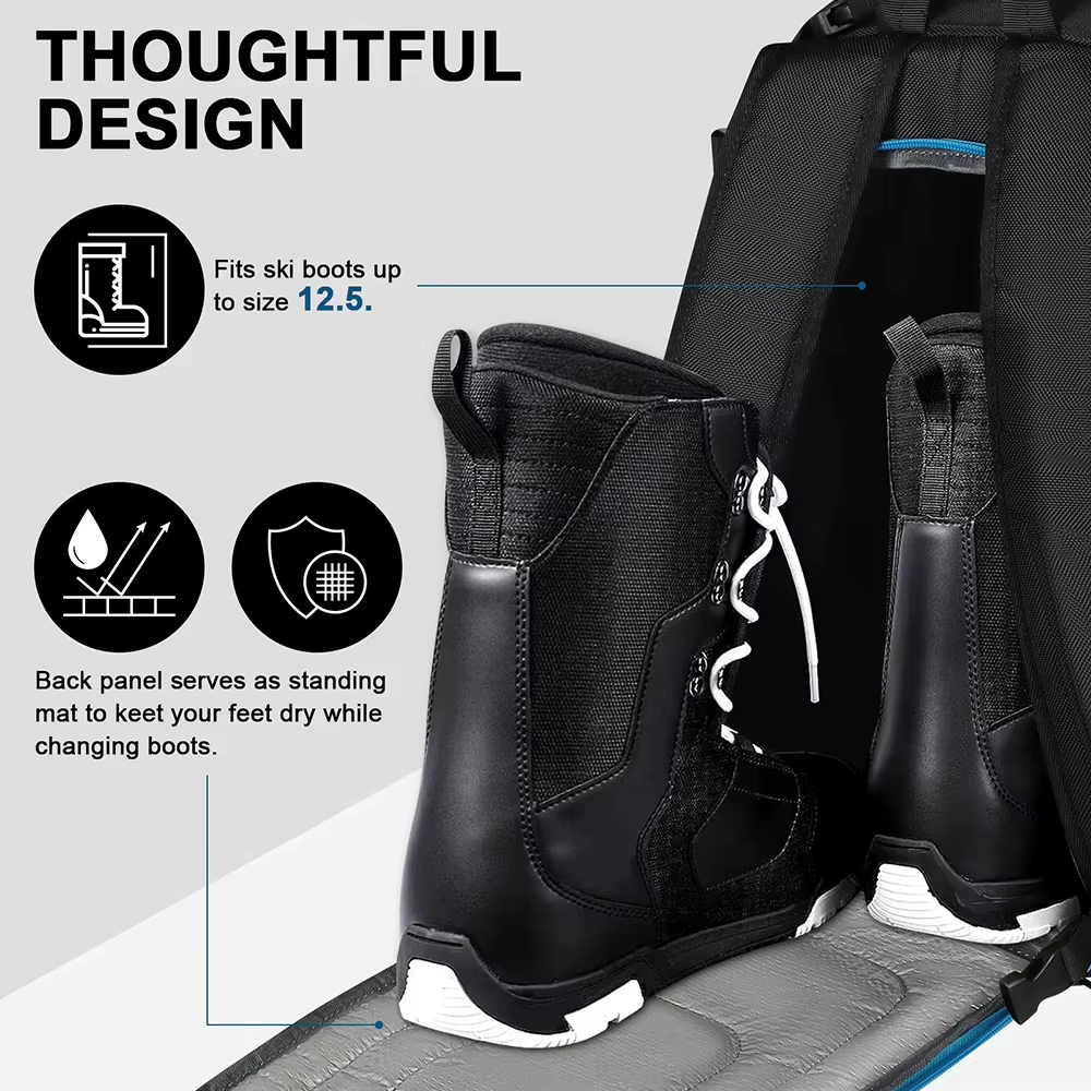 Sac à dos de voyage pour bottes de ski 50L grande capacité imperméable pour bottes de snowboard, casque, lunettes, support pour skis, séparation sec/humide