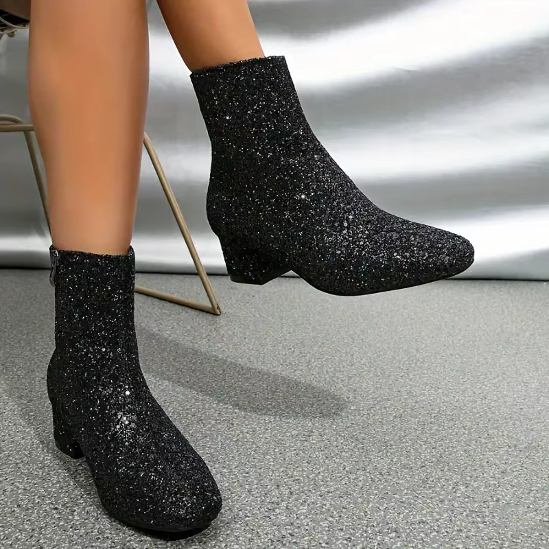 Bottines de noël à paillettes pour femmes, fermeture éclair, talon épais, bout rond, talons épais, chaussures de fête pour femmes