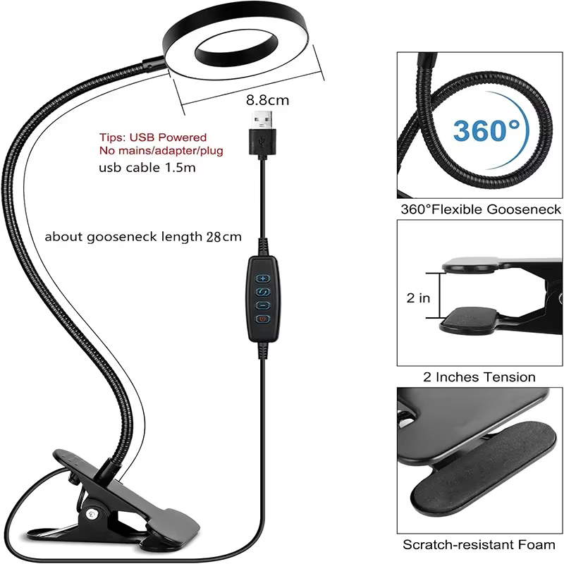 Lampe à pince, 3 couleurs + 10 niveaux de luminosité
