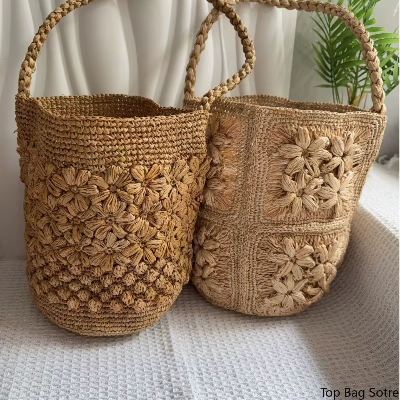 Sac seau en raphia au crochet pour femme, fait main, style bohème rétro français, avec poignée supérieure, idéal pour l'été et les vacances à la plage