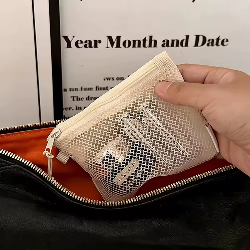 Sacs de rangement en maille double couche, trousse de maquillage portable de voyage avec fermeture éclair, mini organisateur de cosmétiques et articles de toilette, sac simple pour fournitures de bure