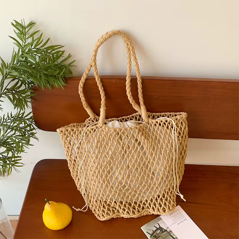 Sac de tissage creux en coton chanvre, fourre-tout fait main de grande capacité, sac en filet portable pour les vacances à la plage, printemps et été