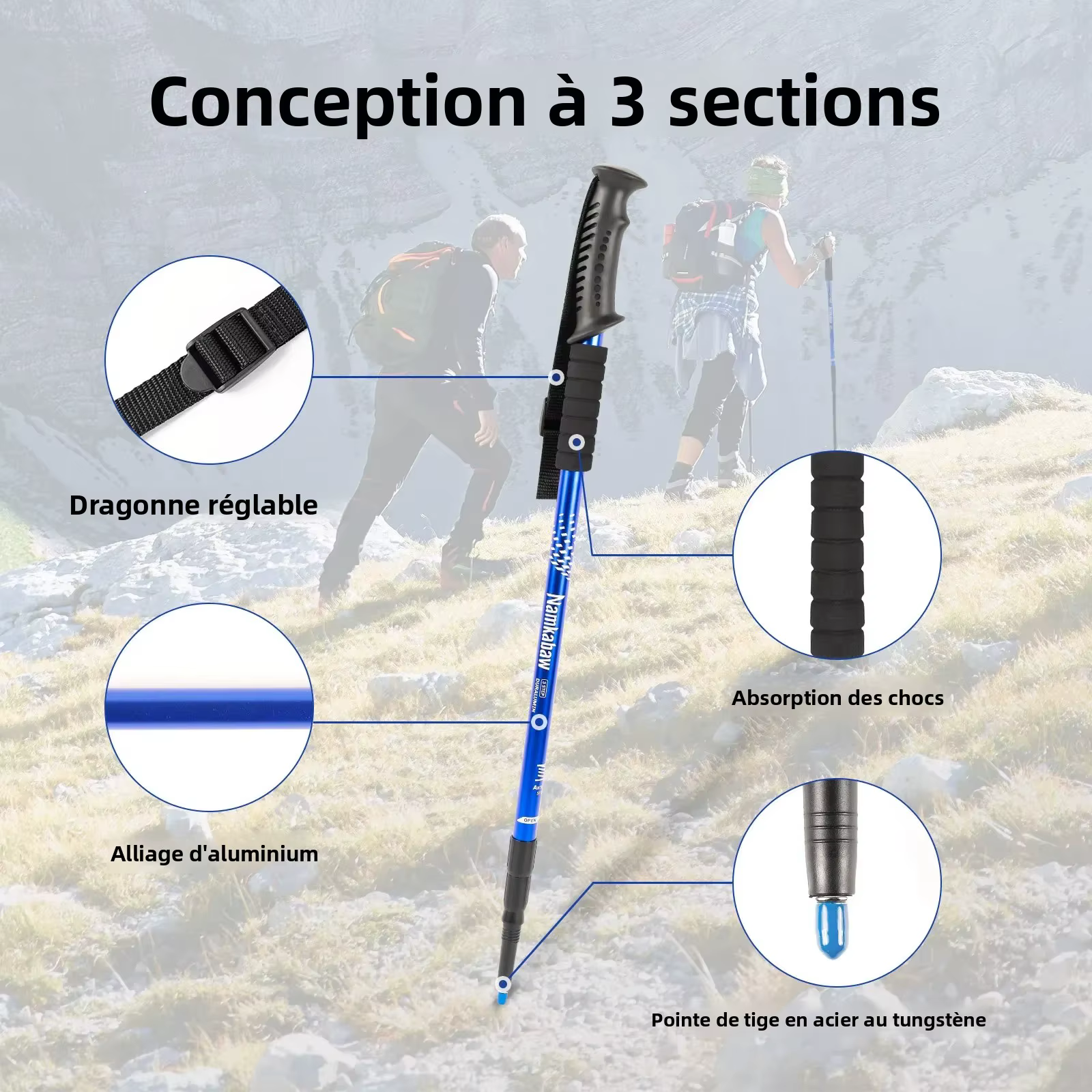 Bâtons de randonnée ultralégers à 3 sections