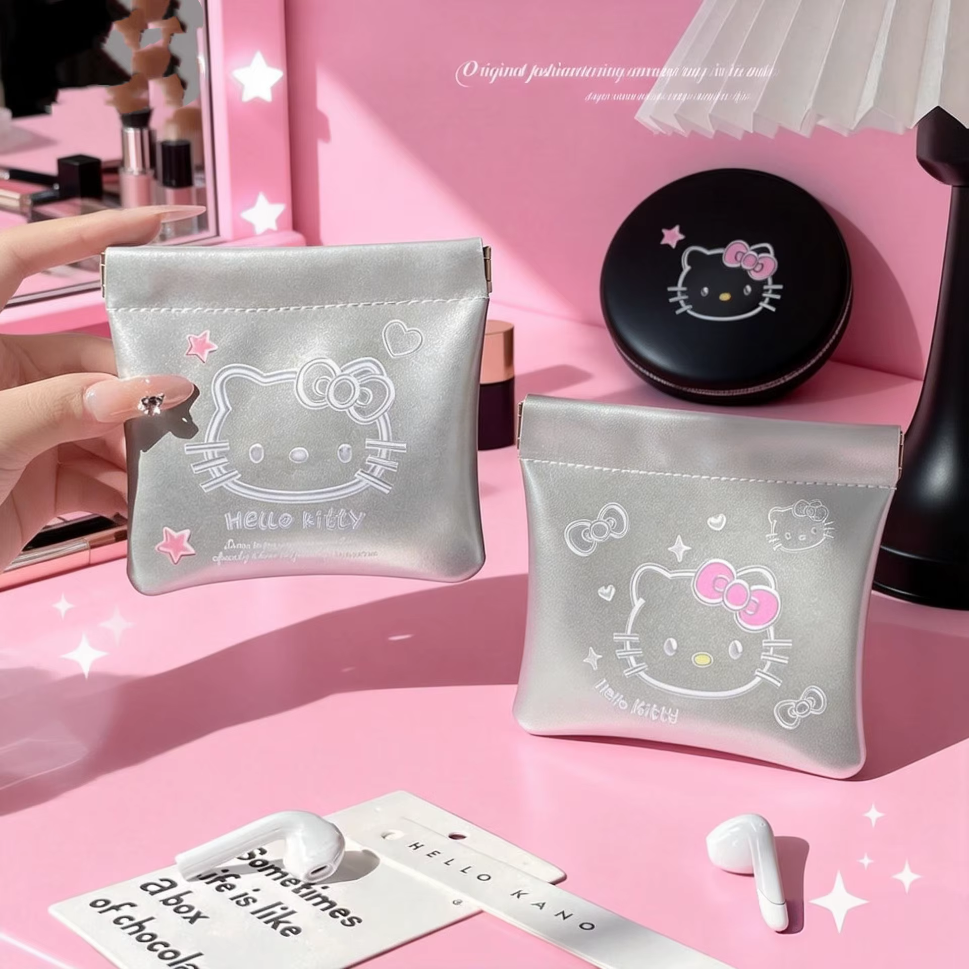 Pochette Hello Kitty en PU à fermeture automatique, sac de rangement portable et étanche pour rouge à lèvres, écouteurs, câbles de données et accessoires de voyage