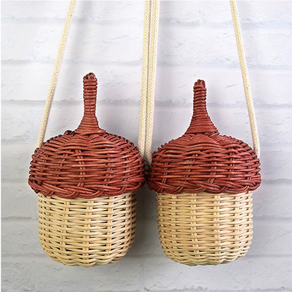 Sac à main à bandoulière en forme de pomme de pin tissé à la main, Mini sac Vintage en rotin, sac à bandoulière en rotin pour enfants
