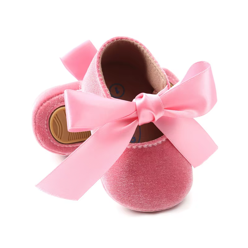 Chaussures pour nouveau-né fille, mocassins avec ruban et nœud papillon, semelle antidérapante en caoutchouc