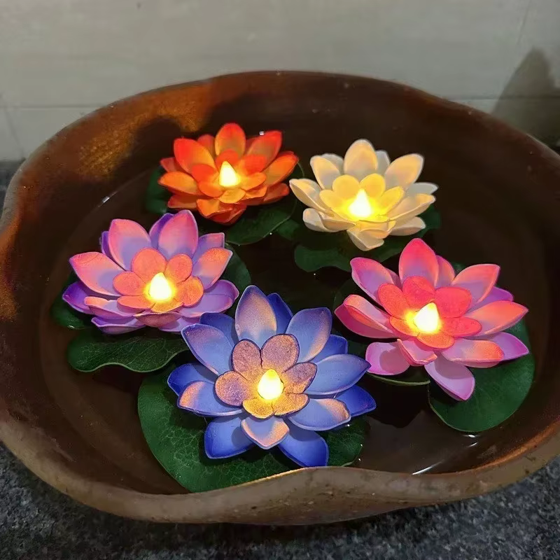 6 pièces LED multicolore Lotus capteur lampe de nuit flottant éclat d'eau fleur lampes jardin aquarium décor festif souhaitant Lotus lumière
