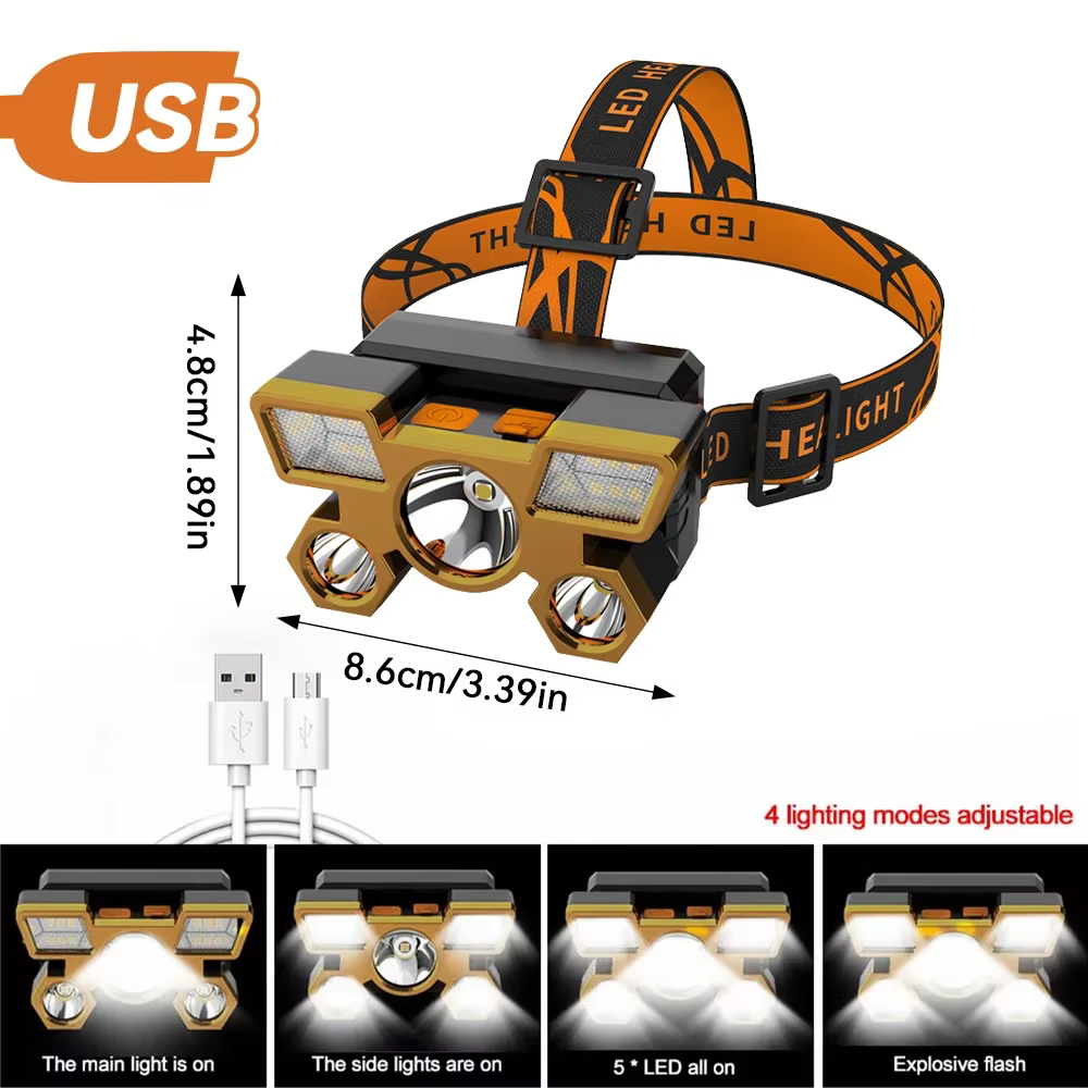 1 lampe frontale Rechargeable, torche de phare Portable 5LED, lampe de travail Portable, lampe frontale de Camping de pêche pour voyage, Camping
