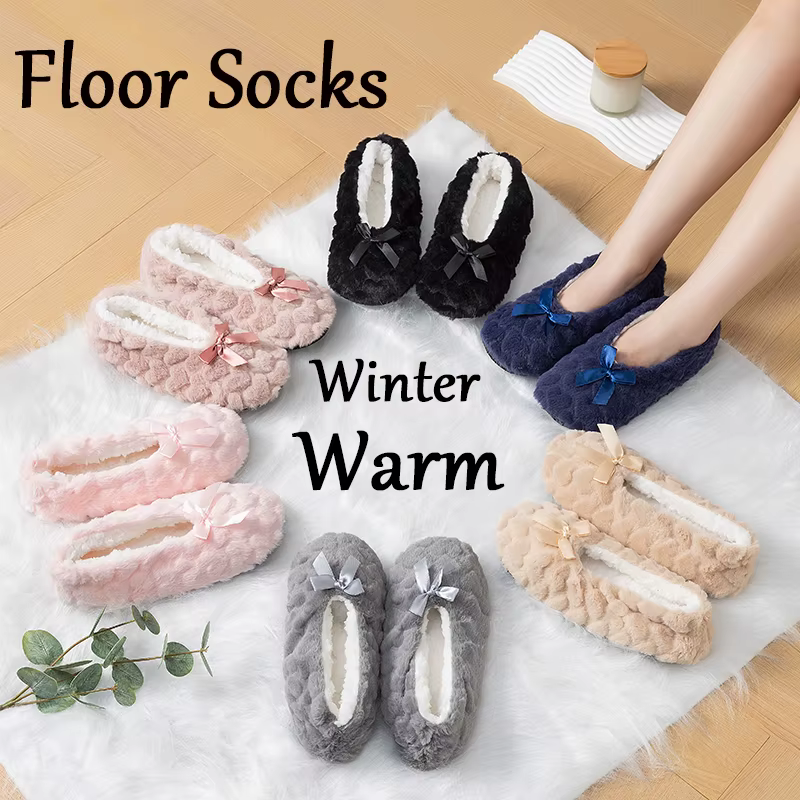 1 Paire de Chaussettes d'Hiver Chaudes pour Femmes, Chaussettes d'Intérieur en Peluche Douces et Moelleuses, Couleur Unie, avec Nœud, Antidérapantes, Chaussons pour Femmes
