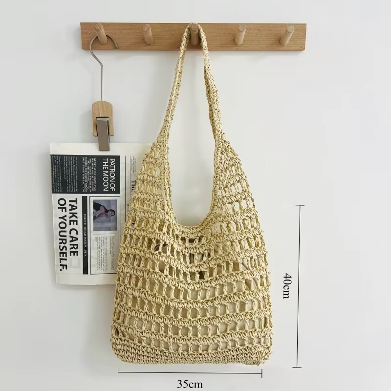 Sac à bandoulière de plage en paille pour femme, grande capacité, tissé à la main, ajouré, pour les vacances d'été, style minimaliste