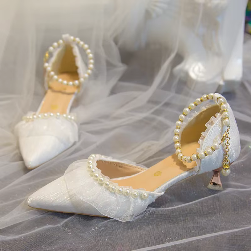 InjWhite-Chaussures de Mariage de Luxe pour Femme, Escarpins à Talons Hauts, Bretelles de Rincage de Perles, Chaussures Habillées à Talons Pointus Parker, Été 2023