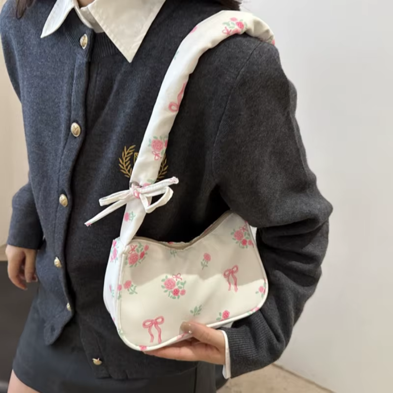 Sacs à main en toile imprimé doux pour femmes, fourre-tout coréen avec nœud Floral imprimé avec fermeture éclair, petit sac à bandoulière, nouvelle collection