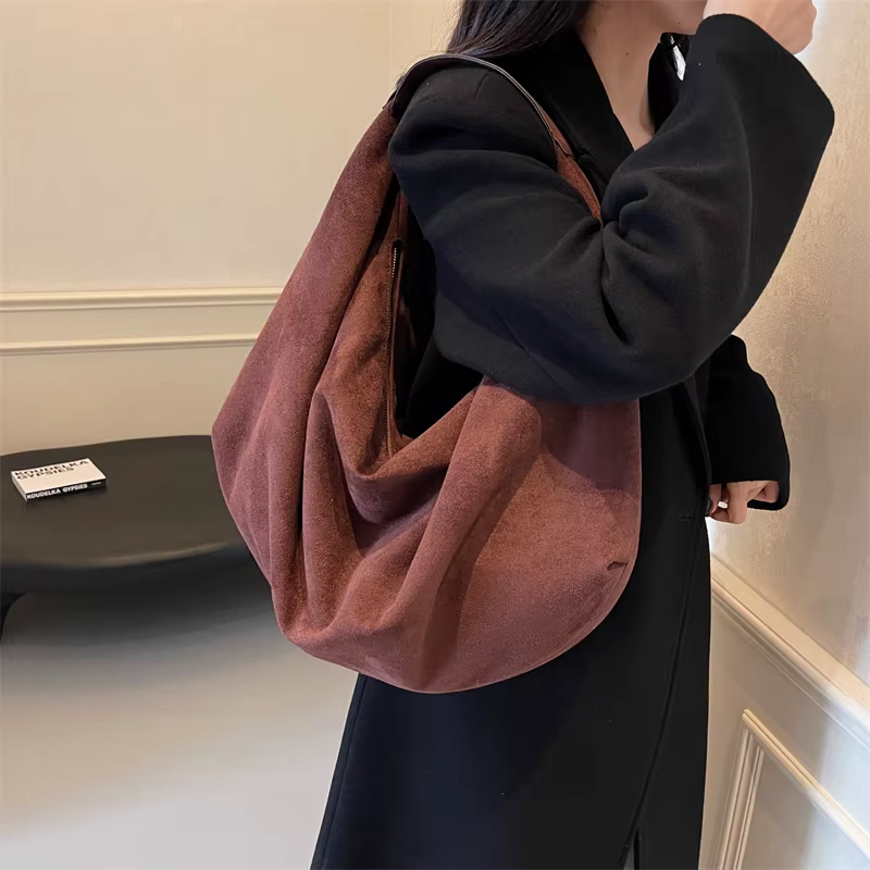 Sac à Main Demi-Lune en Faux Daim Souple pour Femme, Cabas Hobo de Grande Capacité, Fourre-Tout Sous les Bras, Mode Coréenne, Haute Qualité