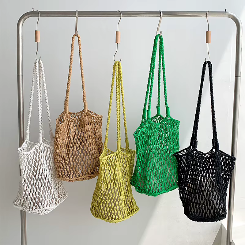 Sac de tissage creux en coton chanvre, fourre-tout fait main de grande capacité, sac en filet portable pour les vacances à la plage, printemps et été