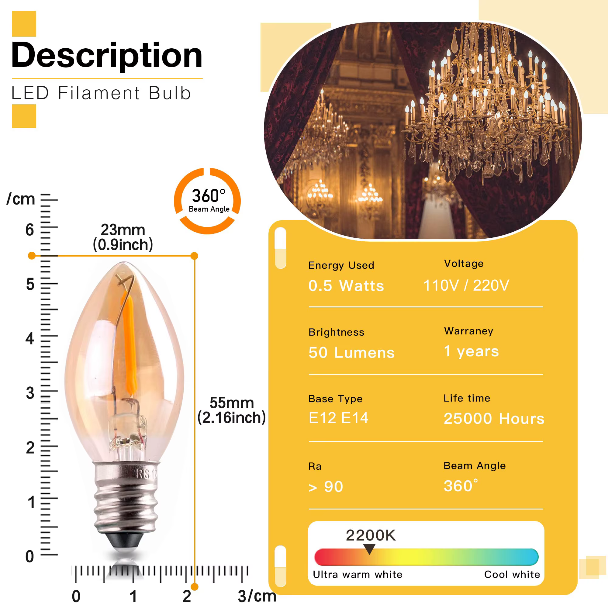 Ganliland – ampoule LED en verre teinté or C7 0.5W, Vintage, douce et chaude, Mini candélabre, 2700K E12 E14, 220V