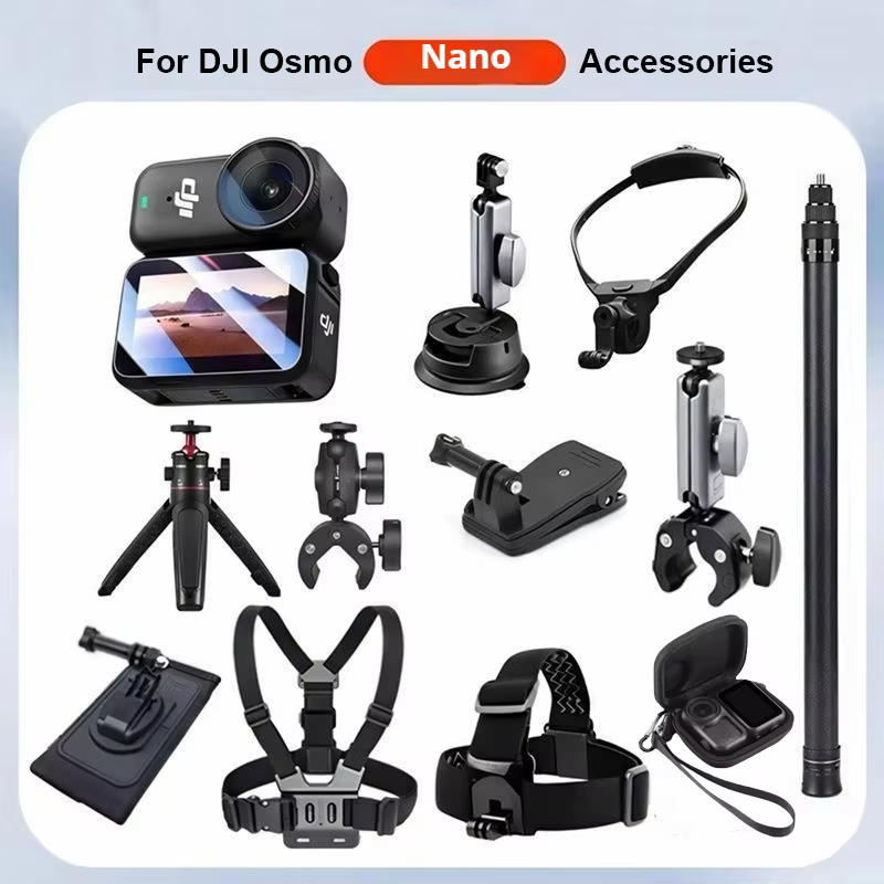 Kit d'accessoires pour DJI Osmo Nano : support de cou, perche à selfie, fixation poitrine/tête, accessoires de cyclisme, trépied pour caméra