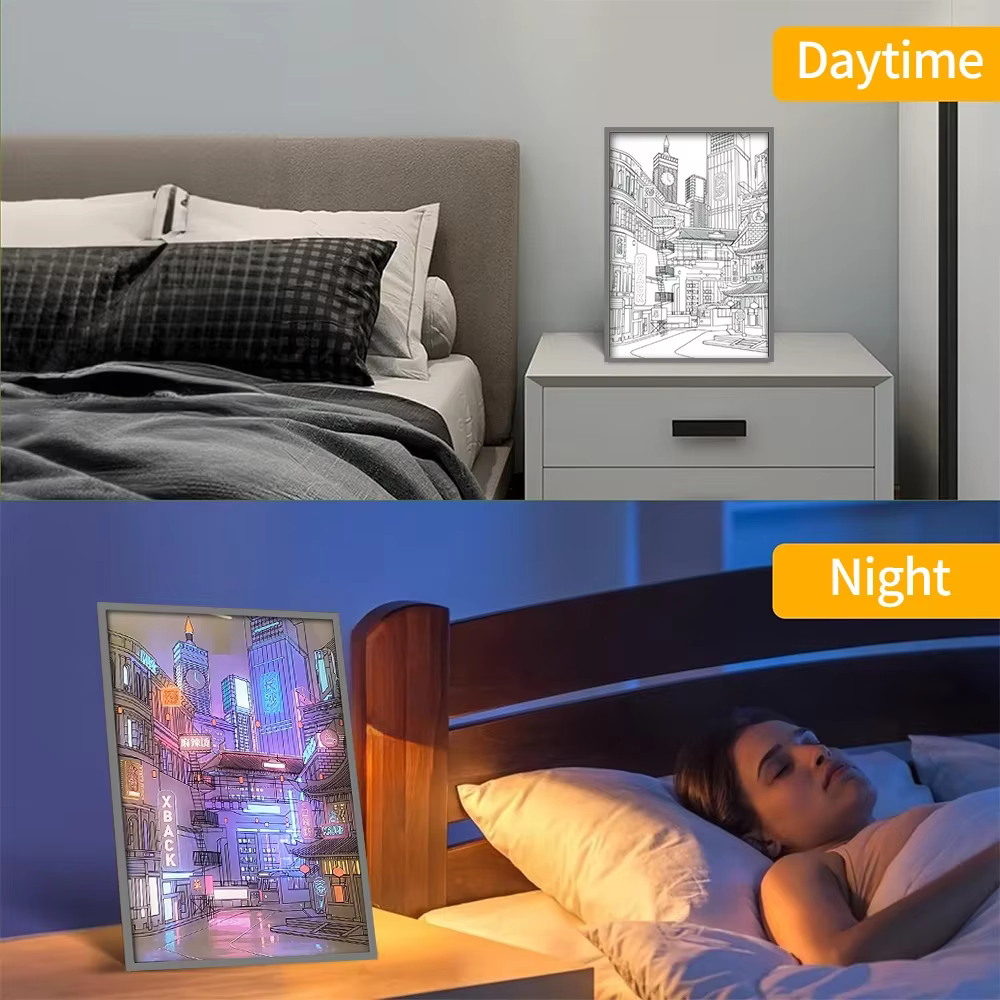 Lampe LED Anime Paysage Urbain Nocturne, Peinture Lumineuse HD à Cadre Fin, Prise USB, Intensité Réglable, Décoration Romantique pour la Maison