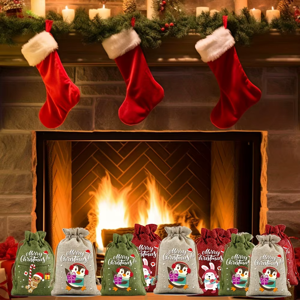 Sacs cadeaux de noël avec cordon de serrage, 12 pièces, sacs en lin pour calendrier de l'avent, sac en tissu, pochette pour biscuits et bonbons