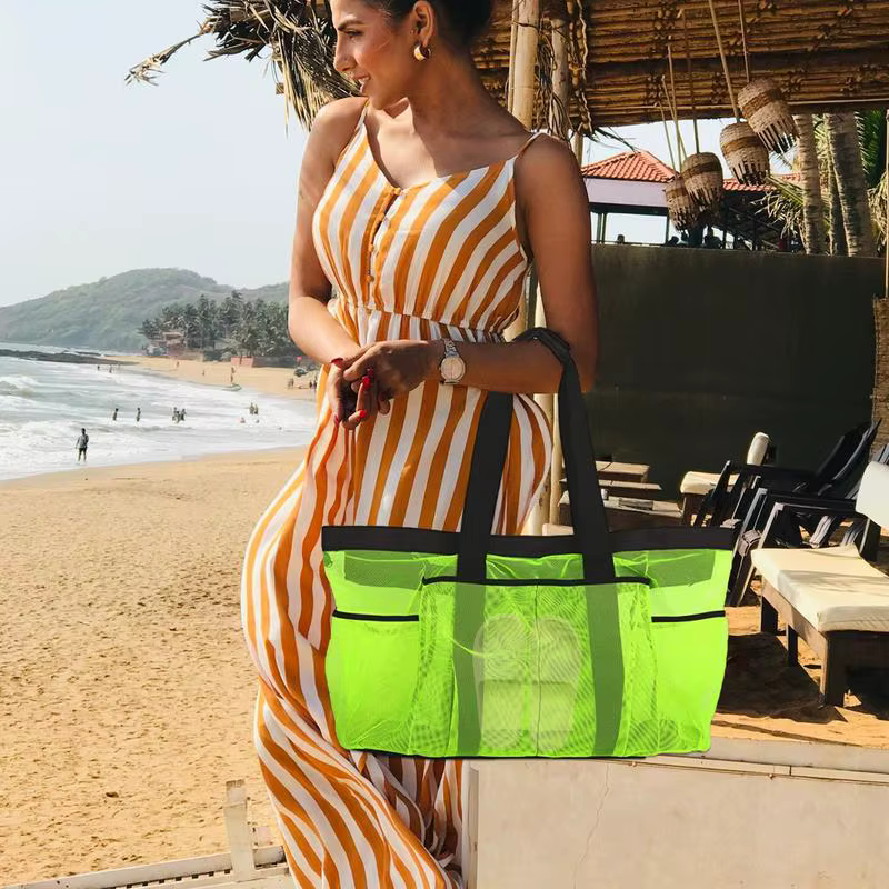 Respzed-Fourre-tout de plage avec poches en maille, grand sac fourre-tout de plage, sac de serviette de plage en nylon, fermeture éclair externe, 8 poches