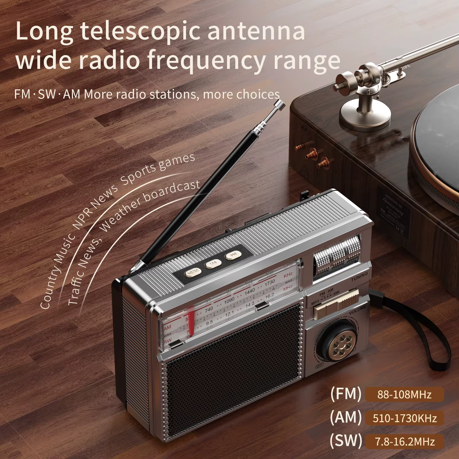 Radio rétro toutes bandes avec connectivité audio sans fil, charge solaire et multimode, batterie longue durée et modes de lecture multiples