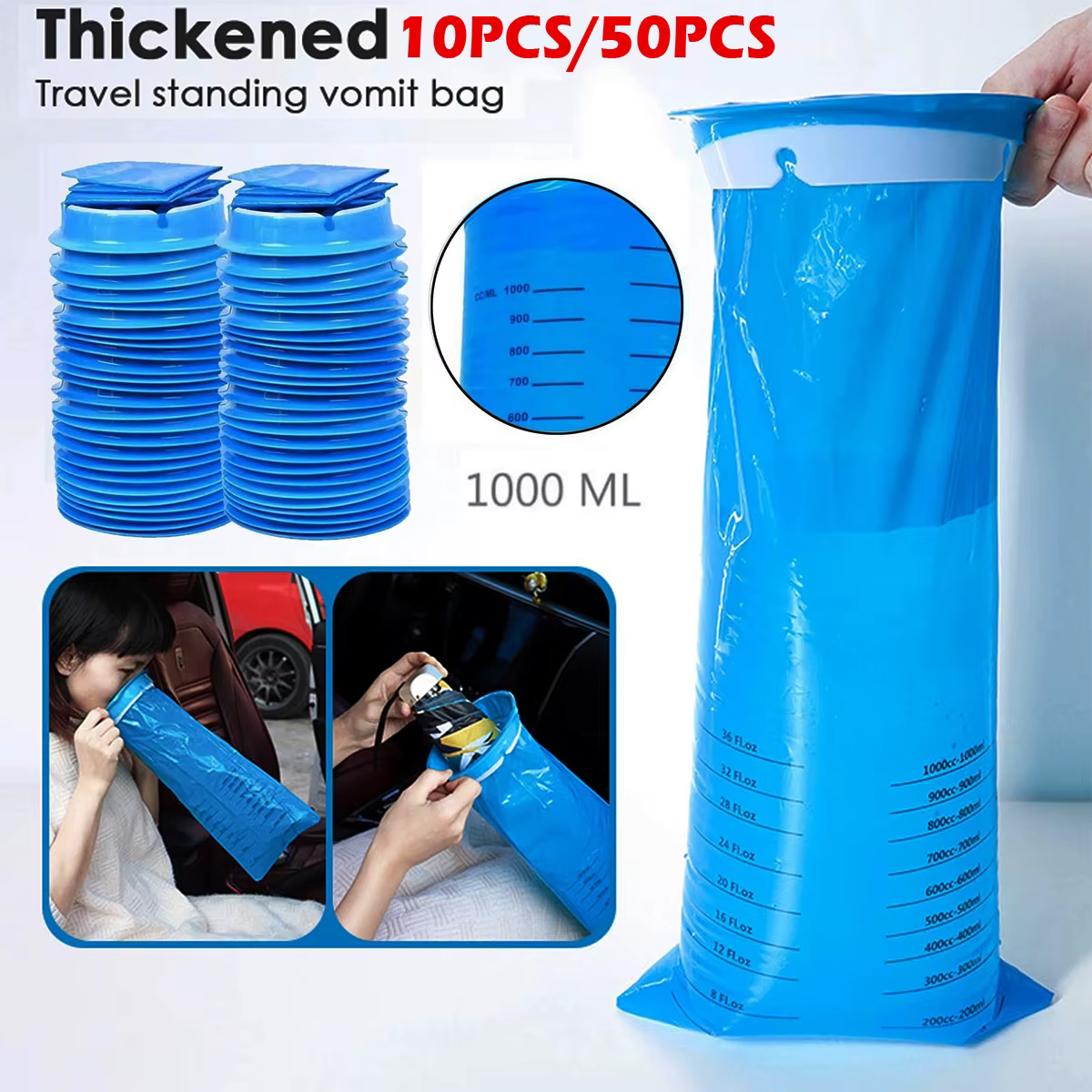 10/50 pièces sacs malades 1000ml sacs émesse voiture maladie sac Portable Vomit sacs voyage nausea sacs avec Snap Barf sacs pour enfants voiture