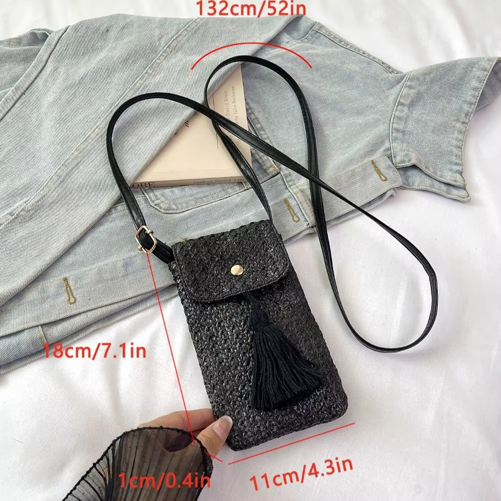 Sac à main portable en paille tressée avec longue pampille, pochette pour téléphone faite à la main pour femme, design de niche, style coréen, sac de plage tressé pour l'extérieur