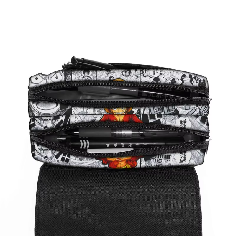 Trousse à crayons en toile à double fermeture éclair avec motif de bateau de dessin animé mignon, imprimé équipage de pirates nautiques, boîte de rangement spacieuse pour fournitures scolaires