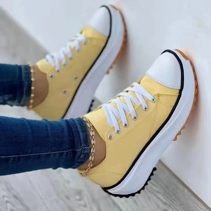 Baskets Classiques en Toile Blanche pour Femme, Chaussures Solides à Lacets, Décontractées, à Plateforme
