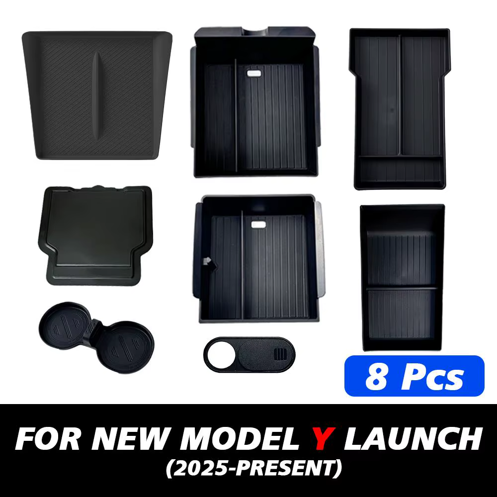 Pour Tesla Nouveau Modèle Y Launch Juniper : Tapis antidérapant en silicone ABS pour console et boîte de rangement d'accoudoir, avec porte-gobelets supérieur et inférieur