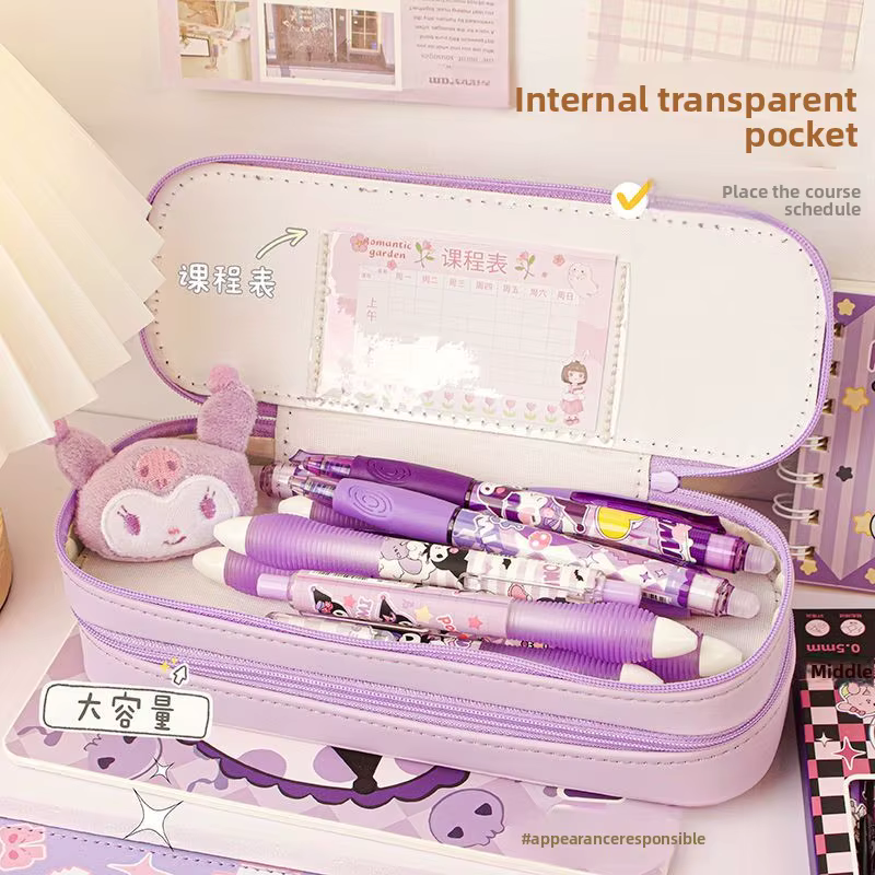 Trousse à crayons double compartiment inspirée de Kuromi, personnage d'anime Kawaii, pour marqueurs, gommes, règles - Vente en gros