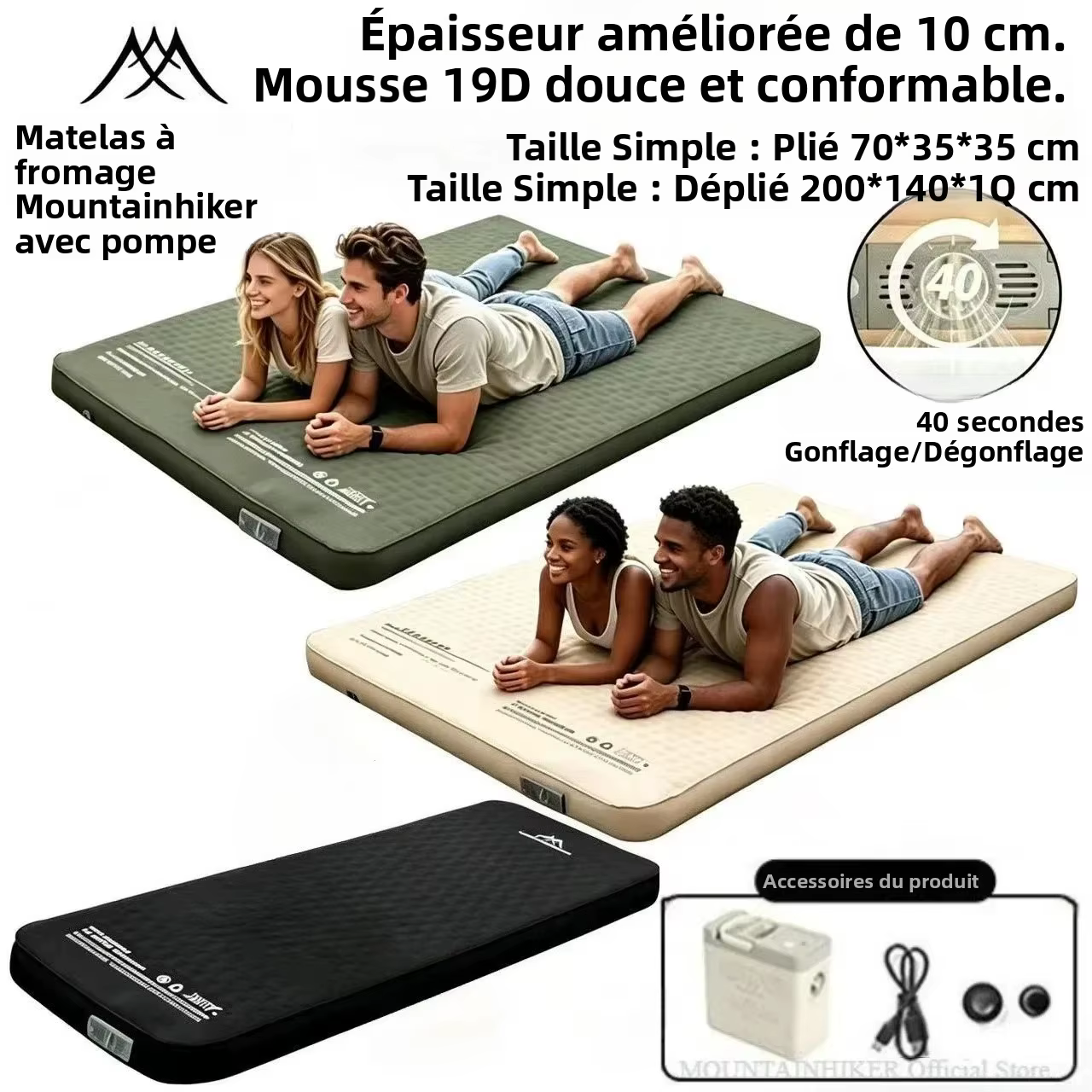 Nouveau matelas gonflable Mountainhiker édition améliorée 10 cm de hauteur avec sac de rangement