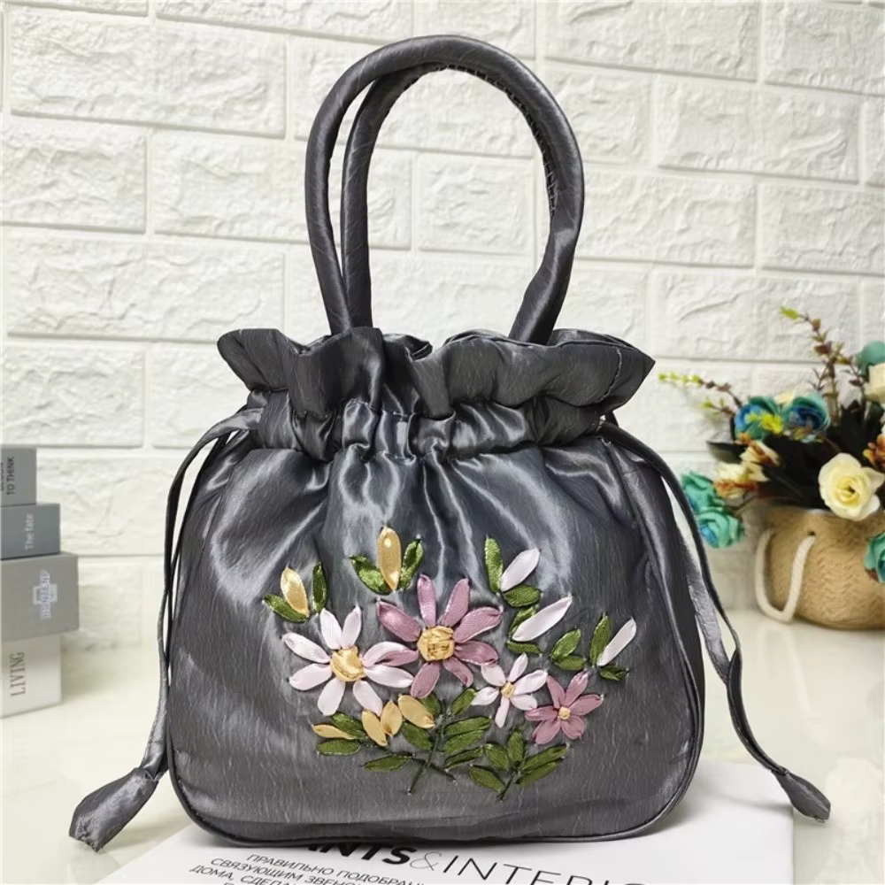 Sac seau pour femme à motif floral brodé, style national, petit sac à main pour femme, sac à téléphone en dacron, mini sac à main, accessoires de mode