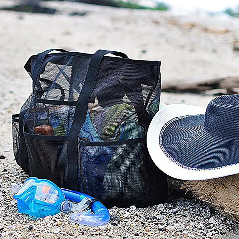 Respzed-Fourre-tout de plage avec poches en maille, grand sac fourre-tout de plage, sac de serviette de plage en nylon, fermeture éclair externe, 8 poches