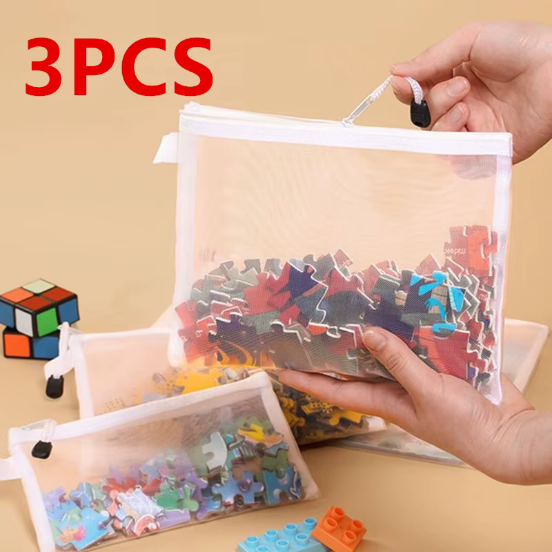 Sac de rangement pour jouets de puzzle, grande capacité, lavable, sac en maille transparente suspendu, fermeture éclair pour classification et tri des Lego pour enfants