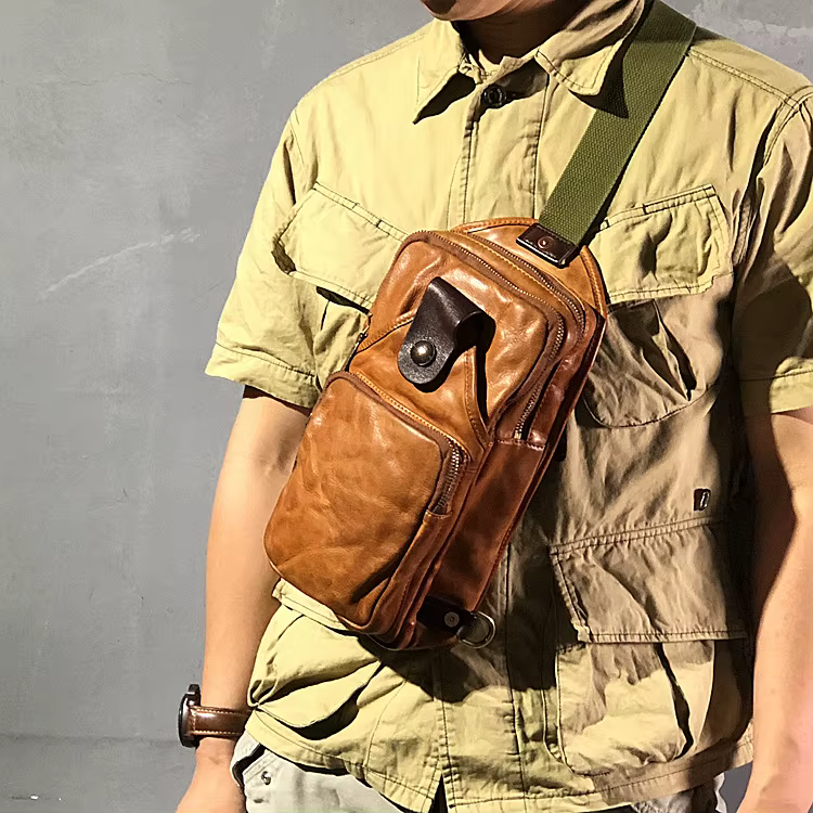 Sac de poitrine en cuir fait main pour homme, sacs à bandoulière rétro, couche de tête en cuir de vachette, Amei Kacha, vintage, doux, neuf, 2024